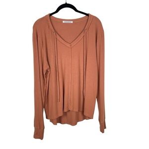 Cbrand Terracotta Orange Long Sleeved Ribbed Relaxed V-Neck Drawstring Top Sz M